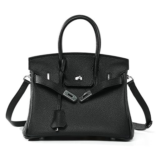 NonWoohdf Handgenähte Handtasche aus echtem Leder, Damen-Handtasche mit Schloss, Umhängetasche mit großem Fassungsvermögen, Silbernes Schloss (Black,Large) von NonWoohdf