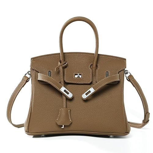 NonWoohdf Handgenähte Handtasche aus echtem Leder, Damen-Handtasche mit Schloss, Umhängetasche mit großem Fassungsvermögen, Silbernes Schloss (Brown,Large) von NonWoohdf