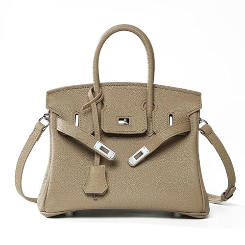 NonWoohdf Handgenähte Handtasche aus echtem Leder, Damen-Handtasche mit Schloss, Umhängetasche mit großem Fassungsvermögen, Silbernes Schloss (Light Gray,Small) von NonWoohdf