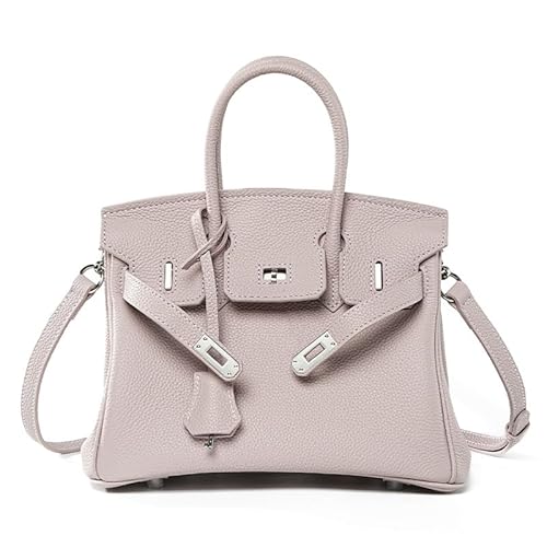 NonWoohdf Handgenähte Handtasche aus echtem Leder, Damen-Handtasche mit Schloss, Umhängetasche mit großem Fassungsvermögen, Silbernes Schloss (Light Purple,Large) von NonWoohdf