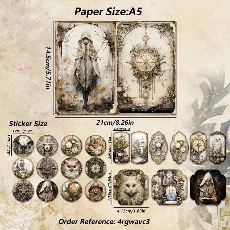 Vintage 54 Stück (12 Papier + 42 Aufkleber) A5 Magic Theme DIY Dekorative Pap... von Noname