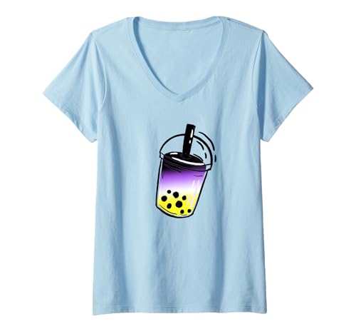 Damen Non Binary Pride Bubble Tea Lustige nichtbinäre schwule LGBTQ-Flagge T-Shirt mit V-Ausschnitt Damen Non Binary Pride Bubble Tea Lustige nichtbinäre schwule LGBTQ-Flagge T-Shirt mit V-Ausschnitt von Nonbinary Pride LGBT Bubble Tea Designs