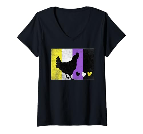 Damen Nicht binäre Flagge von Chicken LGBTQ Trans Nonbinary Enby Pride T-Shirt mit V-Ausschnitt Damen Nicht binäre Flagge von Chicken LGBTQ Trans Nonbinary Enby Pride T-Shirt mit V-Ausschnitt von Nonbinary Pride LGBT Queer Flag Designs