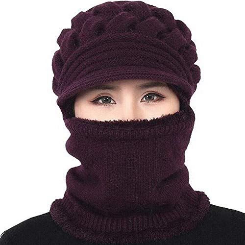 2020 New 3 in 1 Women Bib Beanie Hat Pom Bobble Scarf Cover Set Knitted Winter Warm Snow Ski Cap, Mother Hat with Velvet Warm Bib Women (Deep purple) von None Brand
