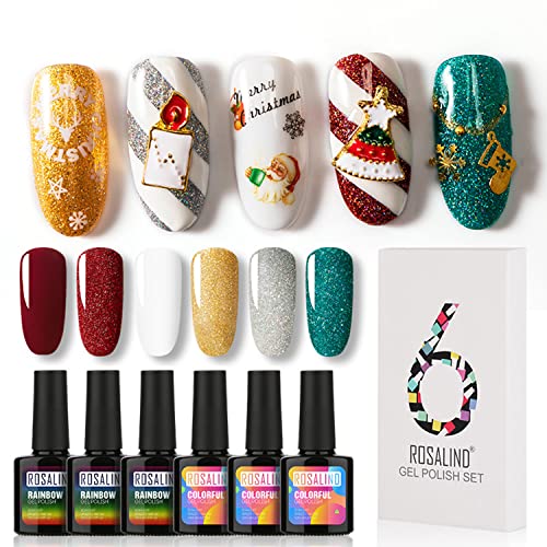 ROSALIND Gel Nagellack Set, 10ml 6 Farbe Glitter Weihnachtsset UV Gel Nagelgel Lack Design Set UV Farben Nail Gel Polish für Nagelstudios oder Hausgebrauch von ROSALIND