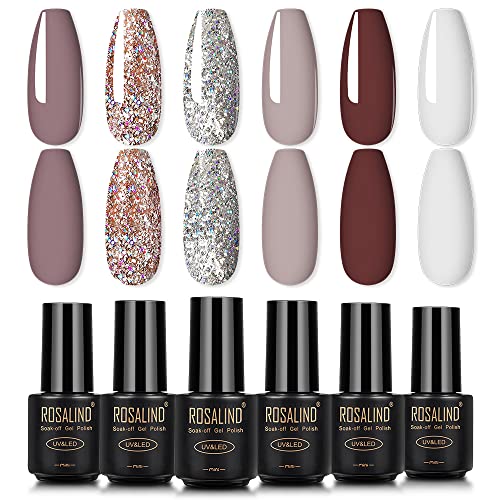 ROSALIND Gel Nagellack UV Set, 6 Shellac FarbenGlitzer Braun Gel Nagel Lack Design Set Nail Gel Polish für Nagelstudios oder Hausgebrauch von ROSALIND