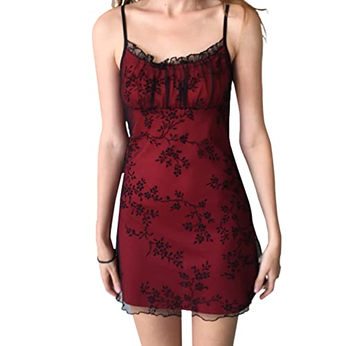 Noneayou Women Sleeveless Bodycon Y2k Cami Dress Floral Lace Spaghetti Strap Mini E-Girl Goth Junior Dresses Fashion (Red Black, Small) von Noneayou