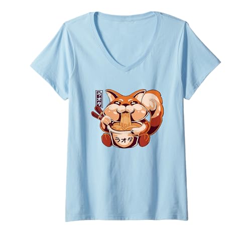 Damen Süßer roter Fuchs isst Ramen – Bezauberndes Feinschmecker-Design T-Shirt mit V-Ausschnitt von Noodle Cuteness