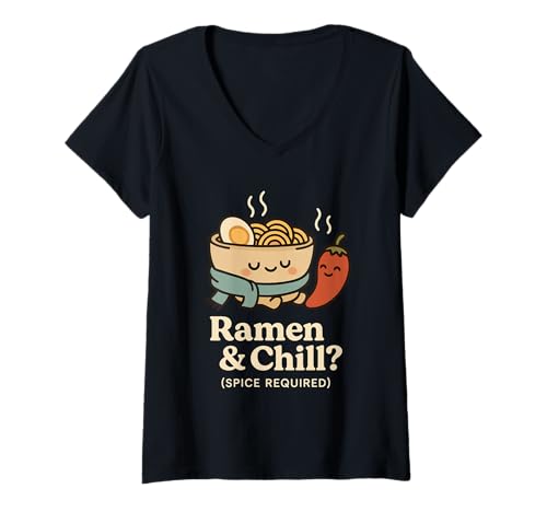 Damen Spicy Noodle Ramen Challenge Chili Pepper Humor Scharfer Feinschmecker T-Shirt mit V-Ausschnitt von Noodle Eating League Food Challenge Spicy Ramen