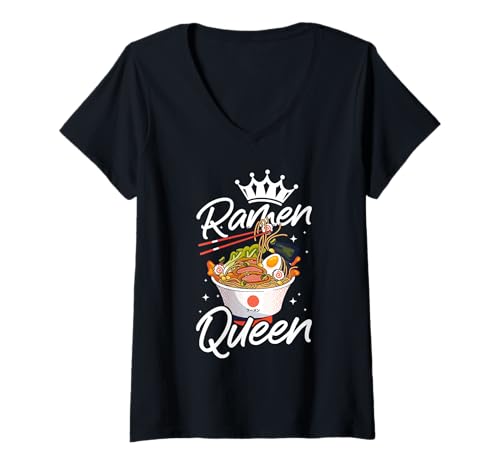 Damen Ramen-Königenschüssel-Design T-Shirt mit V-Ausschnitt von Noodle Royalty Designs