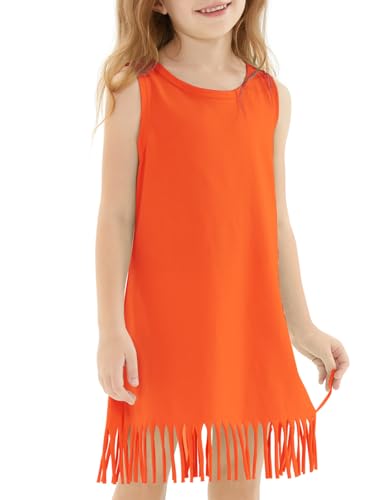 Noomelfish Ärmelloses Fransenkleid für Mädchen, Baumwolle, Sommer, lässig, Sommerkleid (3–12 Jahre), Orange/Abendrot im Zickzackmuster (Sunset Chevron), 9-10 Jahre von Noomelfish