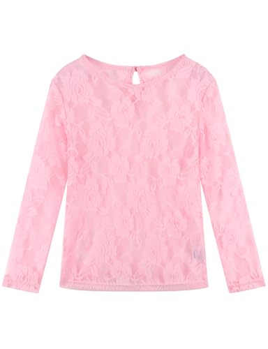 Noomelfish Langärmeliges Oberteil für Mädchen, Spitze, durchscheinendes Netzgewebe, Bluse (5–12 Jahre), Rosarot, 9-10 Jahre von Noomelfish