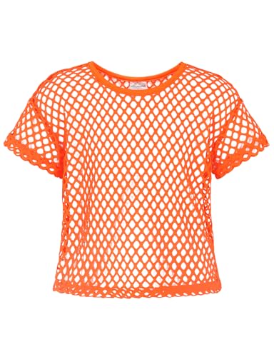 Noomelfish Mädchen Fischnetz gehäkeltes Crop Tops Kinder Kurzarm Mesh Tanz-T-Shirts Bluse (5–12 Jahre), Neonorange, 11-12 Jahre von Noomelfish