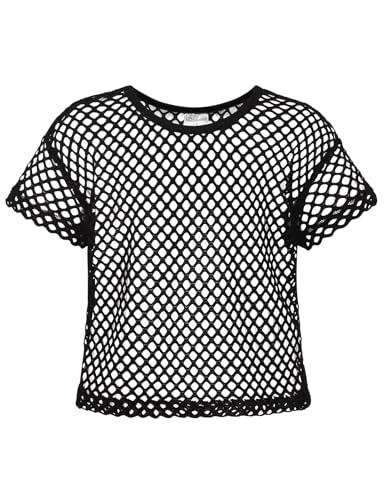 Noomelfish Mädchen Fischnetz gehäkeltes Crop Tops Kinder Kurzarm Mesh Tanz-T-Shirts Bluse (5–12 Jahre), Schwarz, 11-12 Jahre von Noomelfish