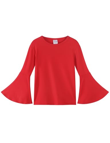 Noomelfish Mädchen-Oberteil, lange Glockenärmel, süßes Westernhemd, Bluse (5–12 Jahre), Rot/Ausflug, einfarbig (Getaway Solids), 7-8 Jahre von Noomelfish