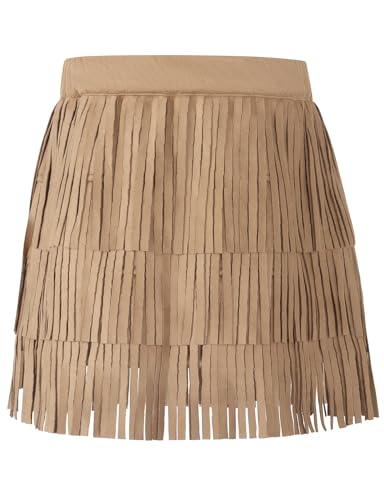 Noomelfish Fransenrock aus Wildleder für Mädchen und Damen, Boho-Quaste, mehrlagiger Rüschenrock (5–12 Jahre), Khaki, 9-10 Jahre von Noomelfish