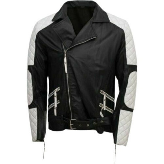 Herren Lammfell Black & White Lederjacke | Handgefertigte Abgesteppte Biker-Lederjacke Western Promi Echtleder Jacke Geschenk Für von Nooranileather