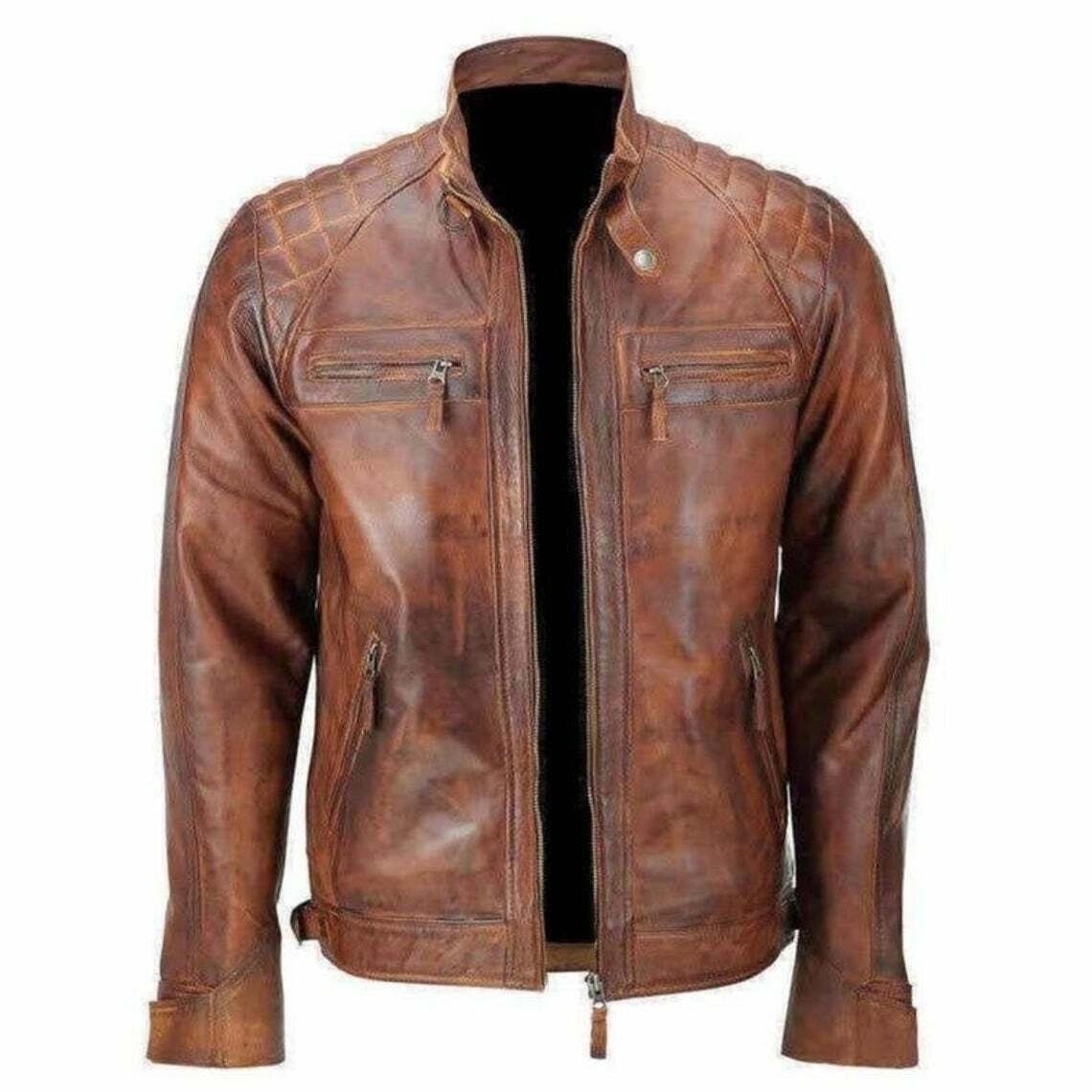 Noorani Herren Antik Braun Lederjacke | Beunruhigt Braune Motorrad Lumbale Gesteppte von Nooranileather