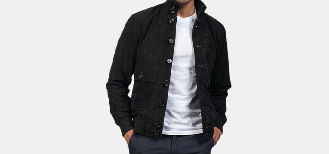 Herren Lammfell-Wildlederjacke Schwarz | Slim Fit Wildleder Bomber Lederjacke Mit Stehkragen Personalisierte Jacke Geschenk Für Ihn Herren Lammfell-Wildlederjacke Schwarz | Slim Fit Wildleder Bomber Lederjacke Mit Stehkragen Personalisierte Jacke Geschenk Für Ihn von NooriLeather