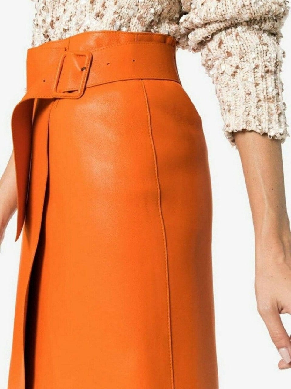 Noor Damen Lammfell Orange Lederrock | Handgemachter Midi Bleistiftrock Gürtel Design Leder Outfit Rock Western Party Clubbing Wear von NoorleatherStore