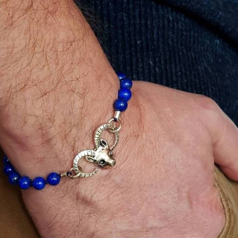 Lapislazuli Steinbock Perlen Herren Silber 925 Feine Qualität von NoqraHandmadeJewelry