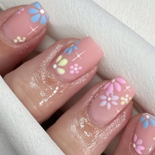24 Stück kurze quadratische Nägel zum Aufdrücken – Pastellrosa Blume French Tip falsche Nägel – glänzend zum Aufkleben mit Gelee-Klebestreifen in verschiedenen Größen, Acryl, für Frauen von NoraGlaze