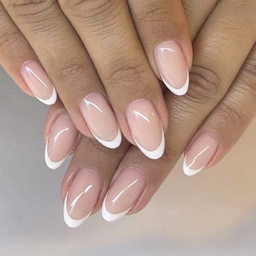 24 Stück tiefweiße French Tip Nägel zum Aufdrücken – Nude Pink künstliche Nägel für Frauen – ovale Form, zum Aufkleben, hochwertiges ABS-Material, 12 Größen mit Zubehörwerkzeug, komplettes von NoraGlaze