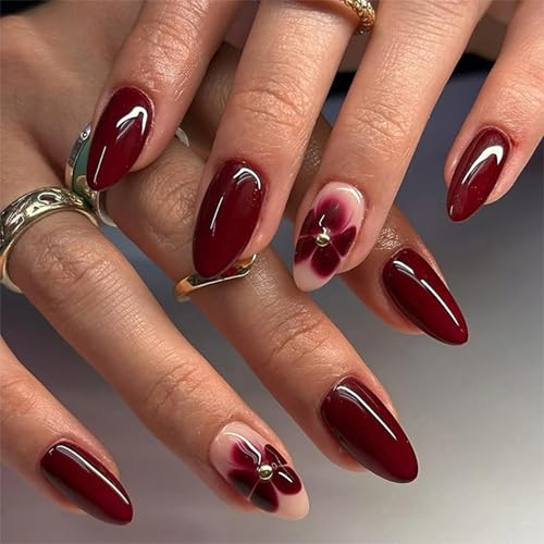 Mandel Press on Nails mit roter Blume - Burgunderrot Weinrot Mandel Kunstnägel mit Strass Akzenten - Glänzendes Acryl Full Cover Stick On mit Kleber Elegante Tipps für Frauen von NoraGlaze