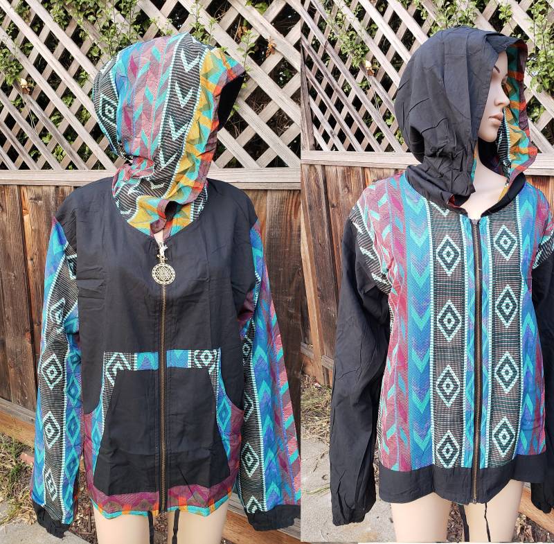 Unisex Reversible Hoodie - Blau Azteken Druck Shri Yantra Reißverschluss Pull Playa Kleidung Herren Tragen Inside Out Jungs Pullover Windbreaker von NoralinaFreedom