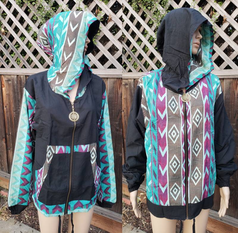 Unisex Reversible Hoodie - Petrol Azteken Druck Shri Yantra Reißverschluss Pull Playa Kleidung Herren Tragen Inside Out Jungs Pullover Windbreaker von NoralinaFreedom