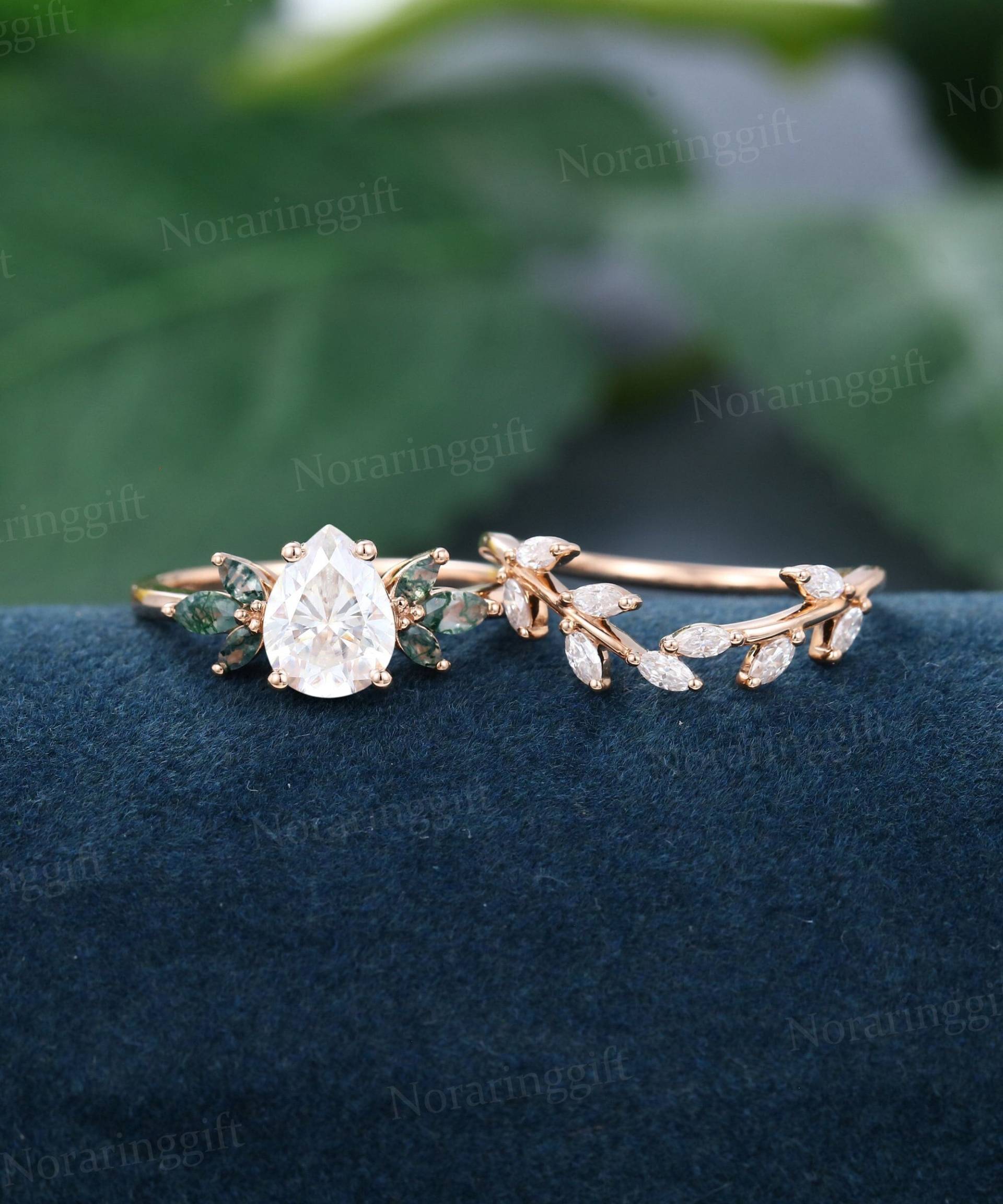 Tropfen Moissanite Verlobungsring Set Vintage Rosegold Moosachat Zweig Marquiseschliff Ehering Jahrestag Geschenk von Noraringgift