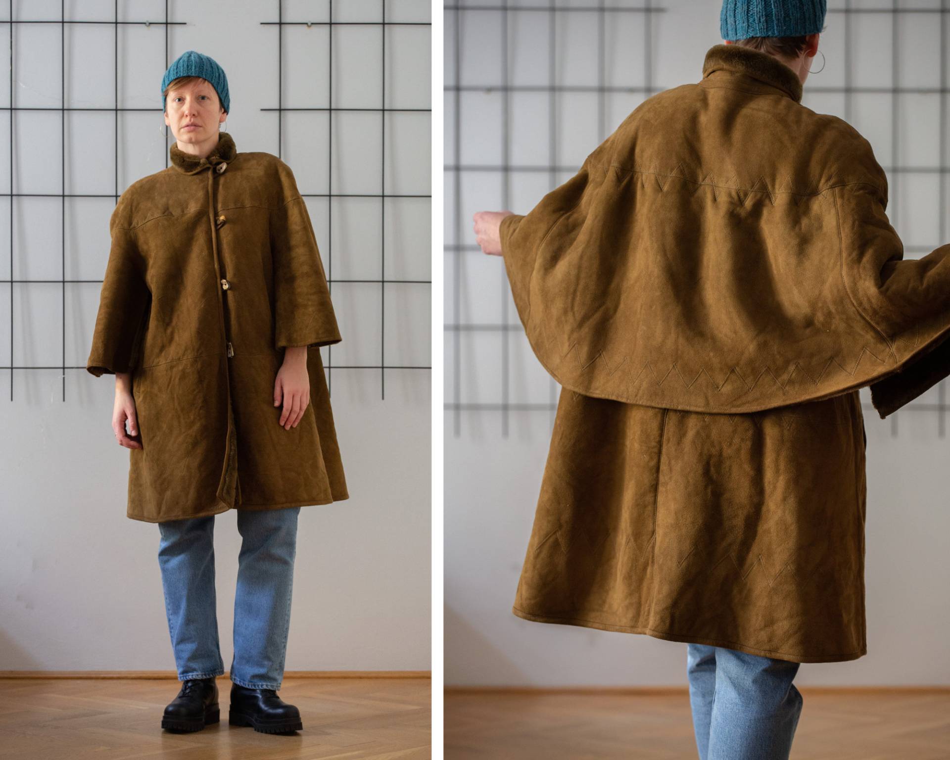 Vintage Real Shearling Mantel in Braun Mit Cape Style Ärmeln Für Frauen | Größe M Einzigartige Geknöpfte Midi Schaffell Lederjacke Gvs981 von NorasVintageSilkShop