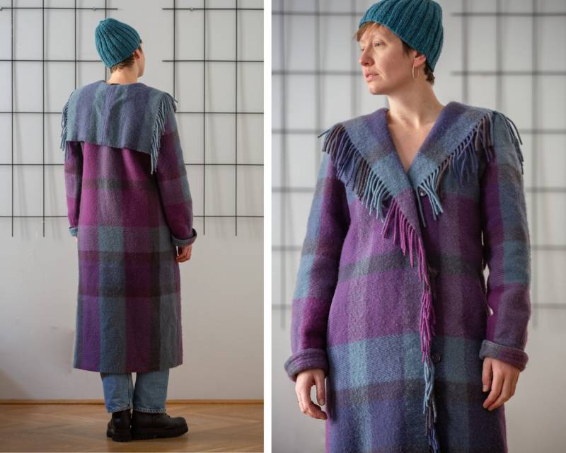 Vintage Reine Wolle Fransen Mantel in Lila & Blau Für Frauen | Größe S Bunter Karierter Winter Maxi Mit Matrosenkragen Gots979 von NorasVintageSilkShop