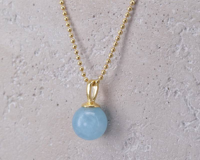 Aquamarinkugel Kette 925 Silber Gold Plattiert Anhänger Kugel Edelstein Blau Aquamarinkugel Kette 925 Silber Gold Plattiert Anhänger Kugel Edelstein Blau von NordNordostJewelry
