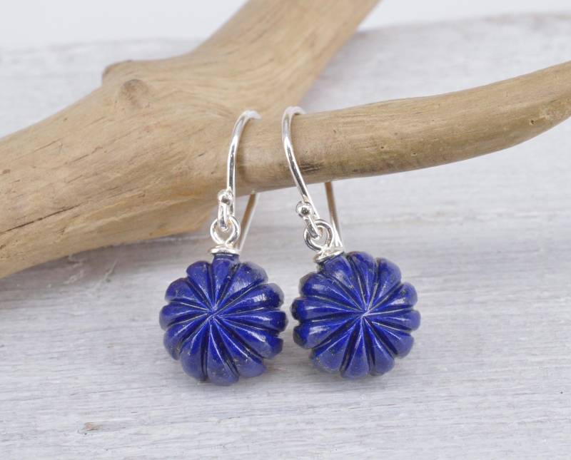 Lapislazuli Ohrhänger -925 Silber Hand Geschnitzt Gravur Kleine Runde Edelstein Ohrringe Blau von NordNordostJewelry