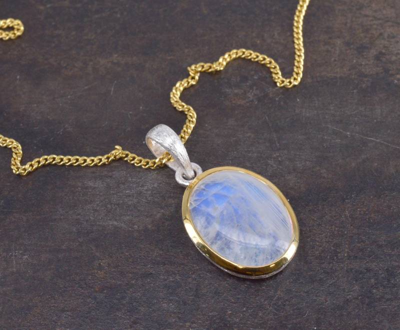 Mondstein Kette, 925 Silber Gold Plattiert Bicolor Regenbogenmondstein Elegant Edel Mondstein Kette, 925 Silber Gold Plattiert Bicolor Regenbogenmondstein Elegant Edel von NordNordostJewelry