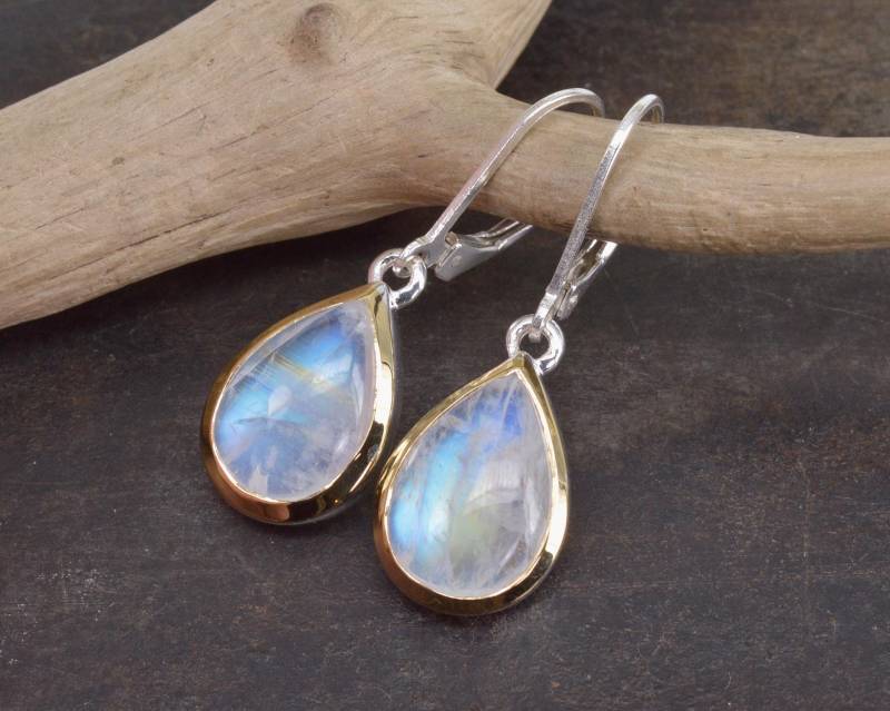Mondstein Ohrhänger , 925 Silber Z.t. Goldplattiert Bicolor Regenbogenmonstein Tropfen Ohrring von NordNordostJewelry