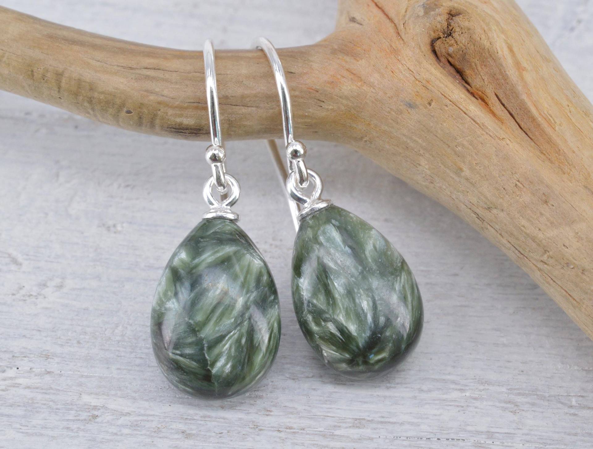 Seraphinit 925 Silber Ohrhänger Mit Grünem Edelstein Grüne Ohrringe Schlichte Edle Geschenk Für von NordNordostJewelry