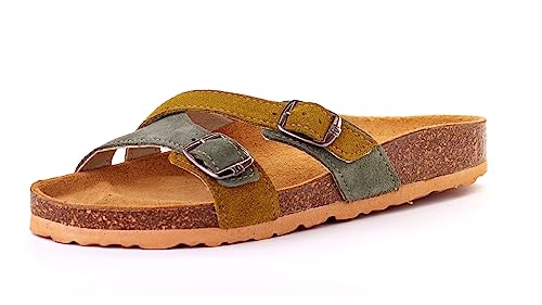 Nordan 0203 Bequeme Damen Pantoletten aus echtem Leder. Damen Sommerschuhe mit anatomisch geformtem Fußbett. (khaki 3701, 36) von Nordan