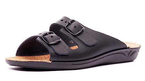 Nordan 1010 Damen Pantoletten aus Leder, Sommer Sandalen, Bequeme Hausschuhe für Frauen mit Doppelriemen (schwarz 0501, eu_Footwear_Size_System, Adult, Numeric, medium, Numeric_40) von Nordan