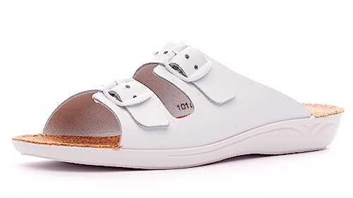 Nordan 1010 Bequeme Damen Pantoletten aus echtem Leder. Damen Sommerschuhe mit anatomisch geformtem Fußbett. (weiss 0801, 39) von Nordan