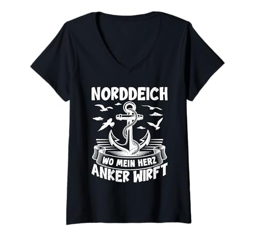 Damen NORDDEICH WO Mein Herz Anker WIRFT Lustiges Nordsee T-Shirt mit V-Ausschnitt von Norddeich Shirt Nordsee Urlaub Geschenk Wattenmeer
