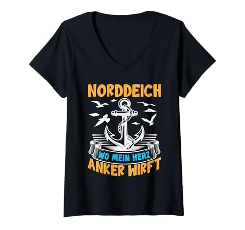 Damen NORDDEICH WO Mein Herz Anker WIRFT Lustiges Nordsee T-Shirt mit V-Ausschnitt von Norddeich Shirt Nordsee Urlaub Geschenk Wattenmeer