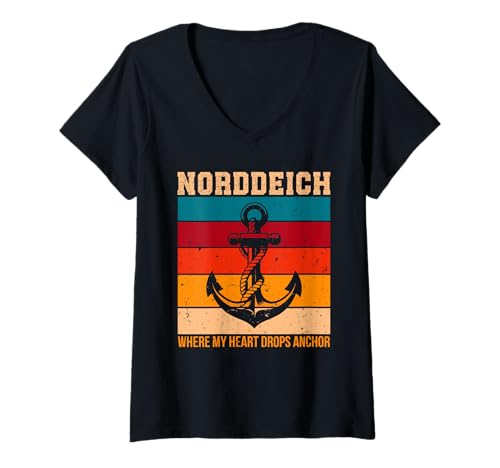 Damen NORDDEICH WO Mein Herz VERANKERT IST Lustig Nordsee T-Shirt mit V-Ausschnitt von Norddeich Shirt Nordsee Urlaub Geschenk Wattenmeer
