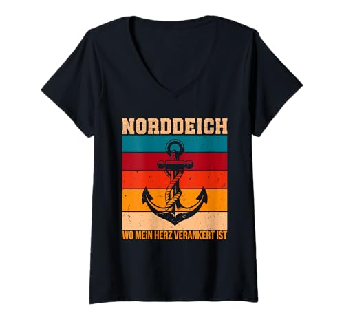 Damen NORDDEICH WO Mein Herz VERANKERT IST Lustig Nordsee T-Shirt mit V-Ausschnitt von Norddeich Shirt Nordsee Urlaub Geschenk Wattenmeer