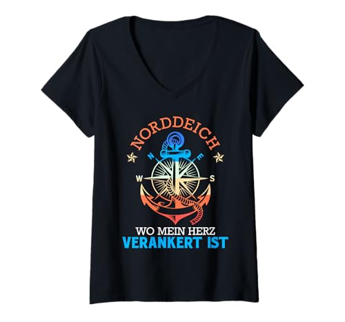 Damen NORDDEICH WO Mein Herz VERANKERT IST Lustig Wattenmeer T-Shirt mit V-Ausschnitt von Norddeich Shirt Nordsee Urlaub Geschenk Wattenmeer