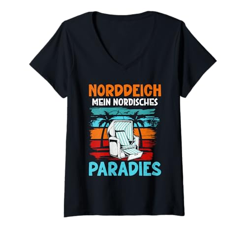 Damen Nordsee NORDDEICH Mein NORDISCHES Paradies Lustig Wattenmeer T-Shirt mit V-Ausschnitt von Norddeich Shirt Nordsee Urlaub Geschenk Wattenmeer