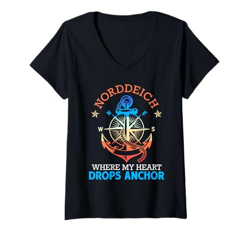Damen Nordsee NORDDEICH WO Mein Herz Anker WIRFT Lustig Norddeich T-Shirt mit V-Ausschnitt von Norddeich Shirt Nordsee Urlaub Geschenk Wattenmeer