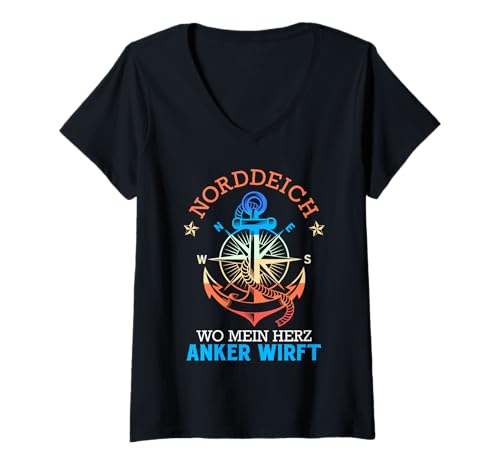 Damen Nordsee NORDDEICH WO Mein Herz Anker WIRFT Lustig Norddeich T-Shirt mit V-Ausschnitt von Norddeich Shirt Nordsee Urlaub Geschenk Wattenmeer