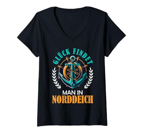 Damen Nordsee Urlaub GLÜCK FINDET Man IN NORDDEICH Wattenmeer T-Shirt mit V-Ausschnitt von Norddeich Shirt Nordsee Urlaub Geschenk Wattenmeer